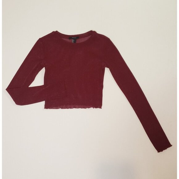 FOREVER 21 Women’s Size Small Mesh Crop Top Red Wine & Gold Shimmer Long Sleeve - Picture 5 of 16